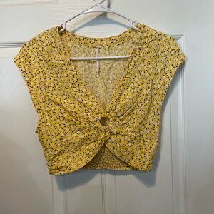 Free People Twist Front Crop Top • Size Small • Yellow Print • Boho Smocked Back